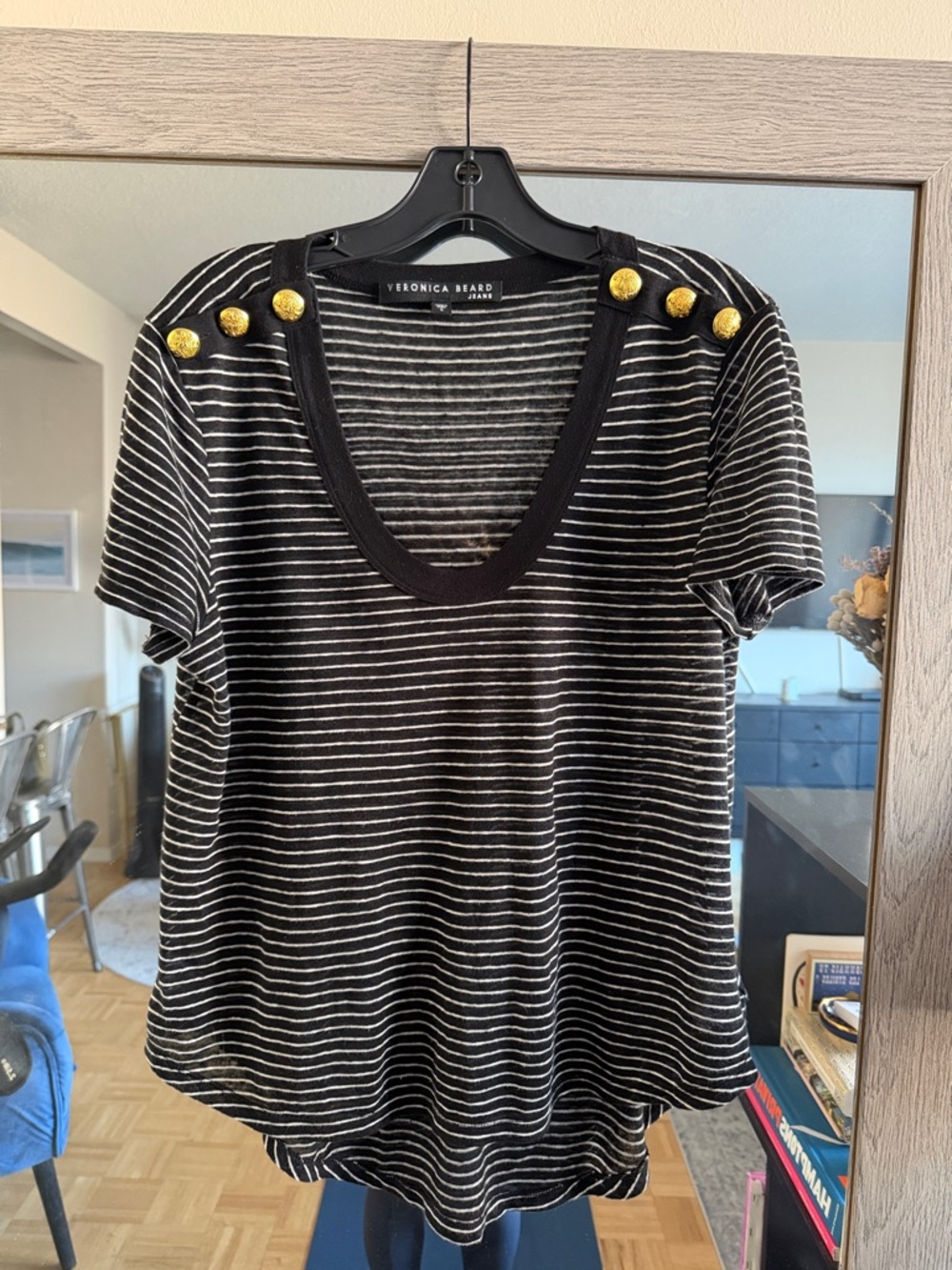 Veronica Beard Black & White Striped Short Sleeve Linen Top with Gold Buttons- S